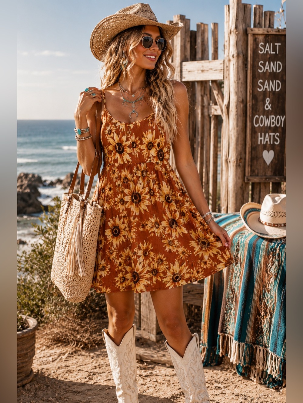 BeCool Sunflower Mini Dress Women L Western Boho Indie Rust Floral Sundress B2 - Picture 2 of 13